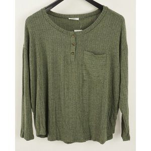 New Problue Women's Size M Oversized Green Light Rib Knit Pocket Henley T-Shirt